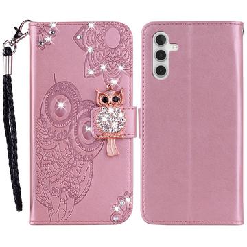 Samsung Galaxy A35 Búho Rhinestone Funda billetera - Oro rosa