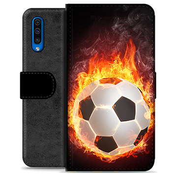 Funda Cartera Premium para Samsung Galaxy A50 - Pelota de Fútbol en Llamas