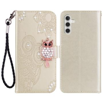 Samsung Galaxy A54 5G Búho Rhinestone Funda Billetera - Oro