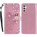 Samsung Galaxy A54 5G Búho Rhinestone Funda billetera - Oro rosa