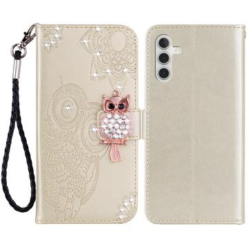 Samsung Galaxy A55 Búho Rhinestone Funda Billetera - Oro