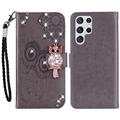 Samsung Galaxy S24 Ultra Búho Rhinestone Funda Billetera - Gris