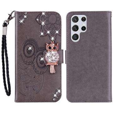 Samsung Galaxy S24 Ultra Búho Rhinestone Funda Billetera - Gris