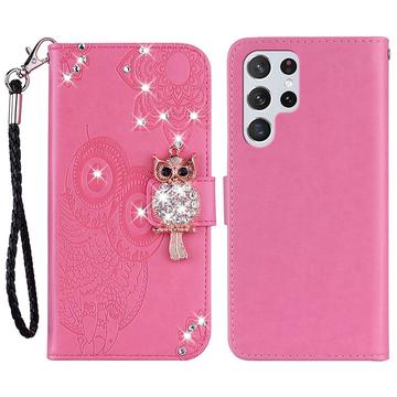 Samsung Galaxy S24 Ultra Búho Rhinestone Funda Cartera - Rosa Fuerte