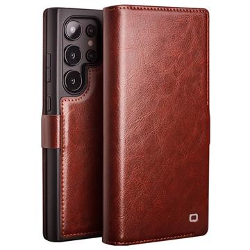 Funda Clásica de Cuero Qialino para Samsung Galaxy S24 Ultra - Estilo Cartera - Marrón Oscuro