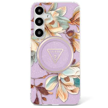 Funda MagSafe Samsung Galaxy S25 Guess Glitter Flowers Triangle Buttons - Morado