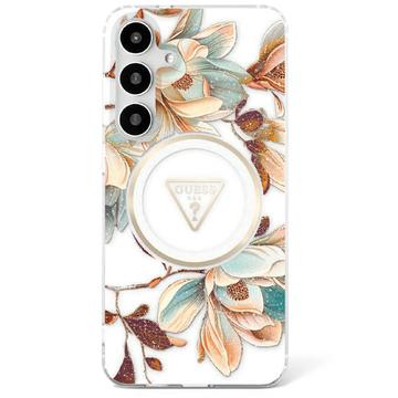 Funda MagSafe Samsung Galaxy S25 Guess Glitter Flowers Triangle Buttons - Blanco