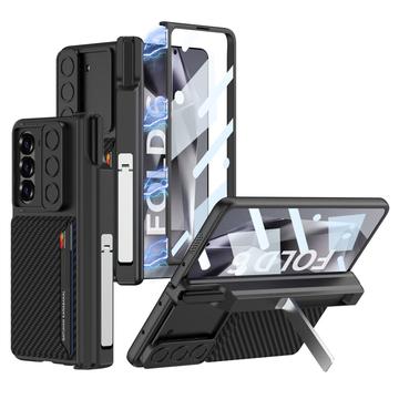 Funda híbrida magnética Samsung Galaxy Z Fold6 GKK con tarjetero y cámara deslizante - Fibra de carbono