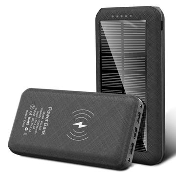 Banco de energía solar 20000mAh con carga inalámbrica, 3 puertos USB, linterna LED dual - Negro