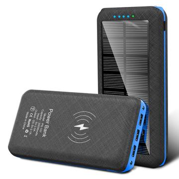 Banco de Energía Solar 20000mAh con Carga Inalámbrica, 3x Puertos USB, Linterna LED Dual - Azul / Negro