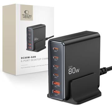 Tech-Protect DC80W GaN Cargador de sobremesa de 6 puertos con 4x PD USB-C, 2x QC 3.0 USB-A - Negro