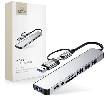 Tech-Protect HB06 Adaptador de concentrador 9 en 1 USB-A/USB-C con USB 2.0, USB 3.0, lectores de tarjetas SD/TF, conector de audio de 3.5mm, Tipo-C - Gris espacial