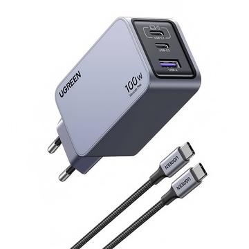 Ugreen X757 Nexode Pro Cargador rápido de 3 puertos GaN PD con cable USB-C - 100W - Gris