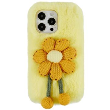 Carcasa de TPU 3D Plush Invierno peluda para iPhone 14 Pro - Flor Amarillo