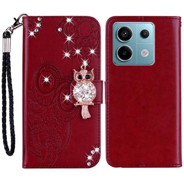 Xiaomi Redmi Note 13 Búho Rhinestone Funda billetera - Rojo