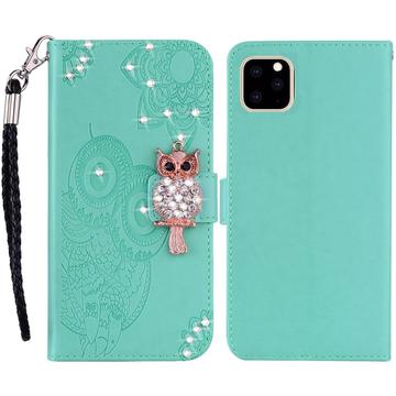 iPhone 14 Pro Max Búho Rhinestone Funda billetera - Cyan