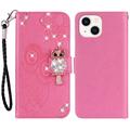 iPhone 15 Búho Rhinestone Funda Cartera - Rosa Fuerte