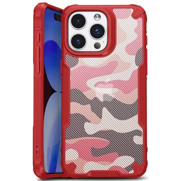 Carcasa Híbrida Anti-Choque para iPhone 15 Plus - Camuflaje Militar - Rojo