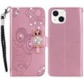 iPhone 15 Plus Búho Rhinestone Funda billetera - Oro rosa