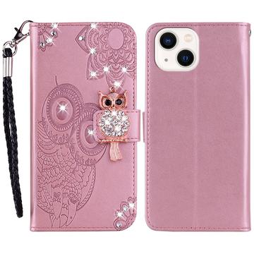 iPhone 15 Plus Búho Rhinestone Funda billetera - Oro rosa