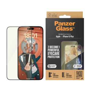 Protector de pantalla PanzerGlass EyeCare Ultra-Wide Fit EasyAligner para iPhone 15 Plus - Borde negro