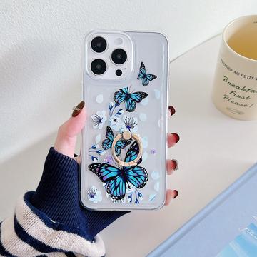 Funda de TPU Mariposa con Anillo para iPhone 15 Pro - Azul oscuro