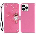 iPhone 15 Pro Max Búho Rhinestone Funda Cartera - Rosa Fuerte