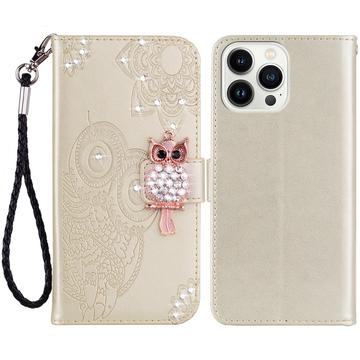 iPhone 15 Pro Búho Rhinestone Funda Billetera - Oro