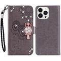 iPhone 15 Pro Búho Rhinestone Funda Billetera - Gris