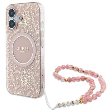 Funda con correa de perlas iPhone 16 Guess IML Flowers Allover Electro - Compatible con MagSafe