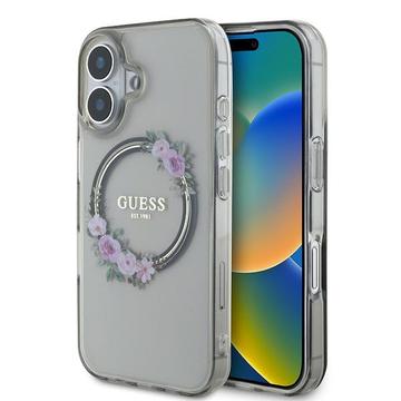 Funda Guess IML Flowers Wreath para iPhone 16 - Compatible con MagSafe - Negro