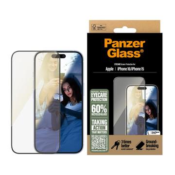 Protector de pantalla PanzerGlass EyeCare Ultra-Wide Fit EasyAligner para iPhone 16/15 - Borde negro