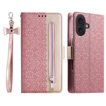 Funda Lace Pattern para iPhone 16 Plus - Estilo Cartera - Rosa Dorado