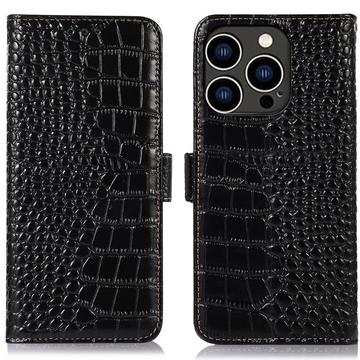 Funda Crocodile con RFID para iPhone 16 Pro - Estilo Cartera - Negro