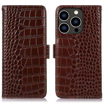 Funda Crocodile con RFID para iPhone 16 Pro - Estilo Cartera - Marrón