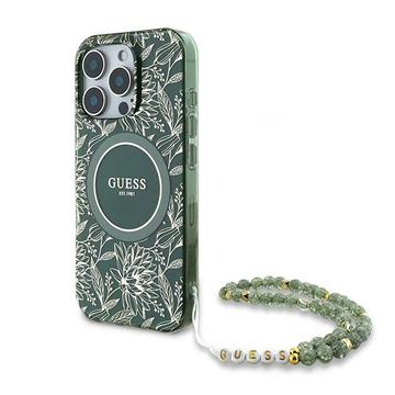 Funda con correa de perlas iPhone 16 Pro Guess IML Flowers Allover Electro - Compatible con MagSafe